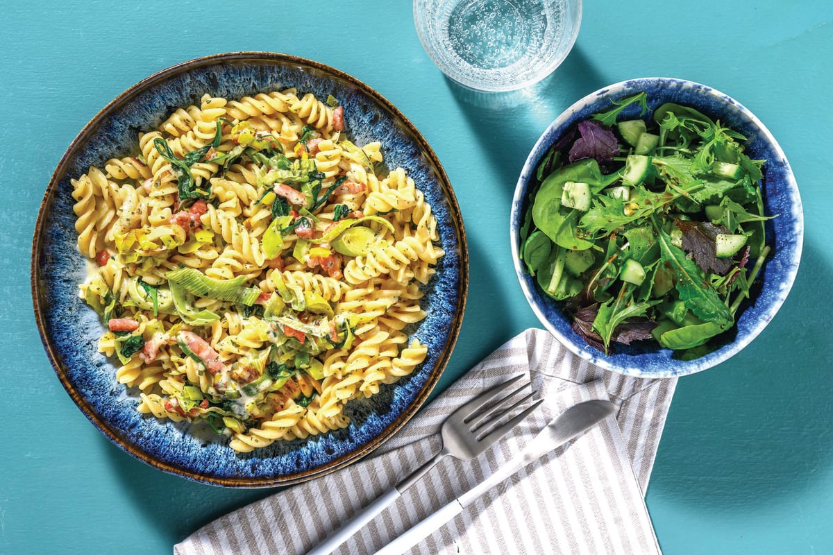 Quick Rustic Herby Bacon & Leek Fusilli