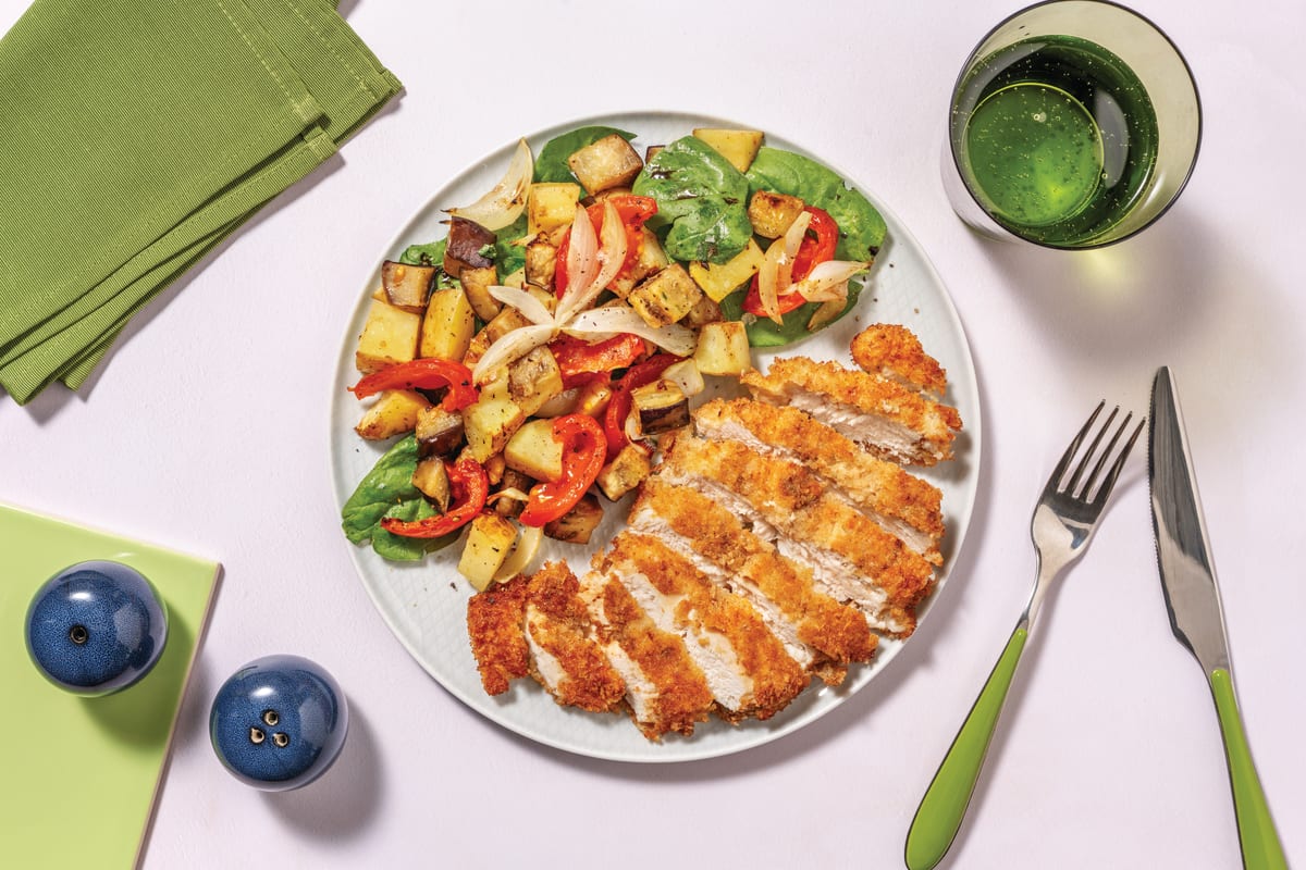 Crumbed Chicken & Eggplant Veggie Toss