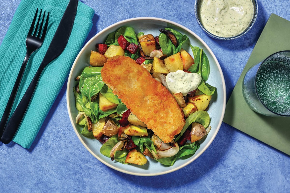 HelloHero: Crumbed White Fish & Roast Veggie Toss