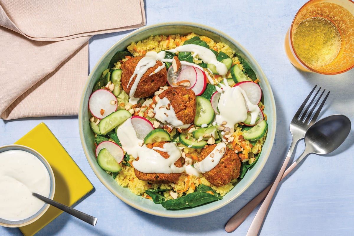 Nourishing Falafel & Cheesy Carrot Couscous Bowl