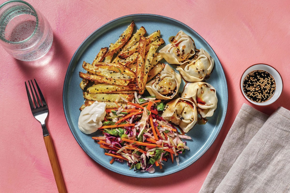 Veggie Gyozas & Sesame Bacon Potato Fries