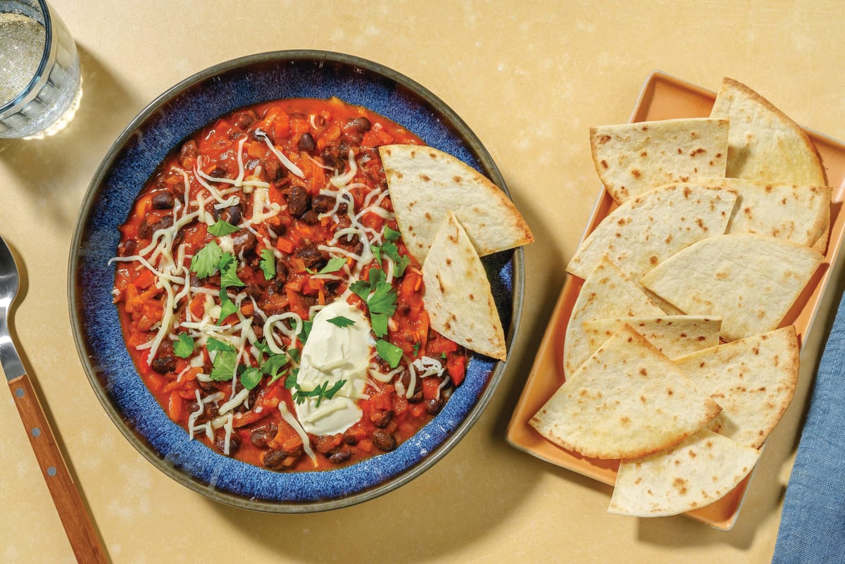 Quick Pork, Black Bean Chilli & Tortilla Chips