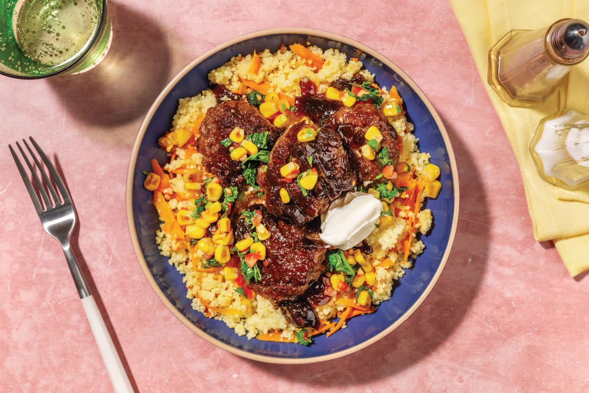 Sticky Jerk Double Beef Rissoles & Carrot Couscous