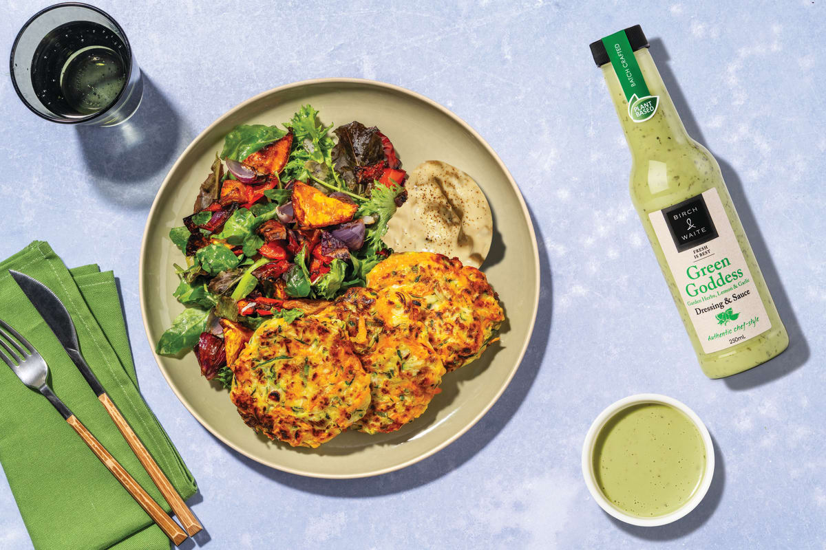 Cheesy Zucchini Fritters & Veggie Salad