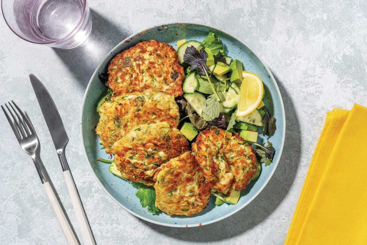 Courgette-Haloumi Fritters & Avocado Salad