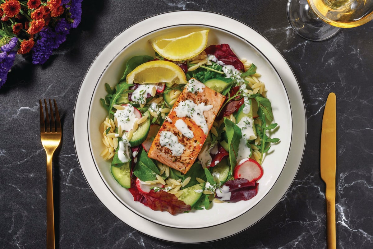 Garlicky Salmon & Risoni Salad