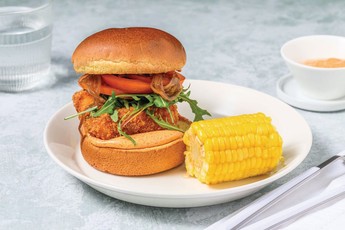 Crumbed Haloumi Burger & Corn Cobs