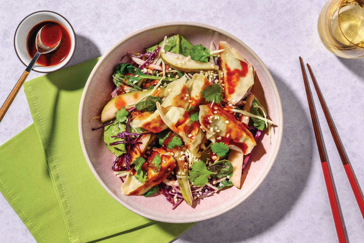 Quick Pan-Fried Pork Gyozas, Chicken & Apple Slaw