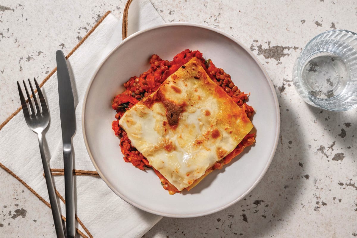 Cheesy Herby Tomato & Lentil Bolognese Lasagne