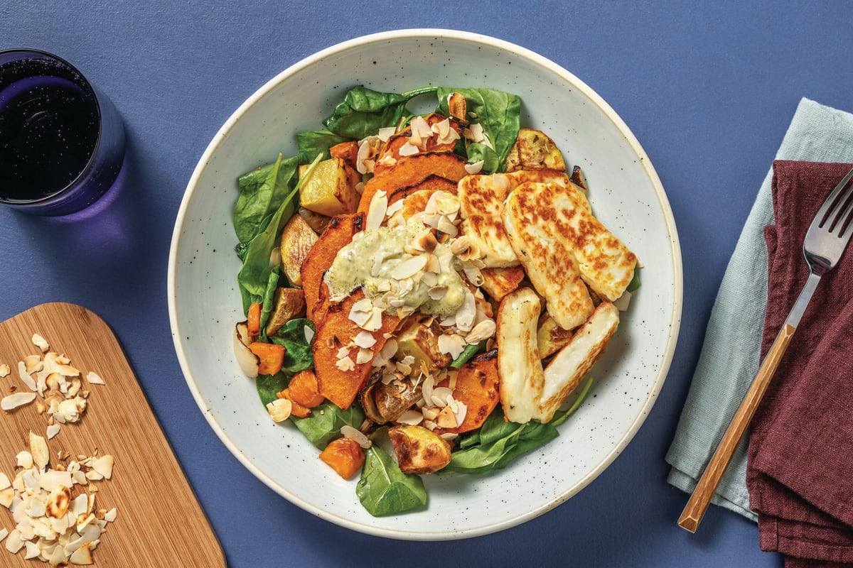 Chicken, Honey-Thyme Halloumi & Roast Pumpkin Toss