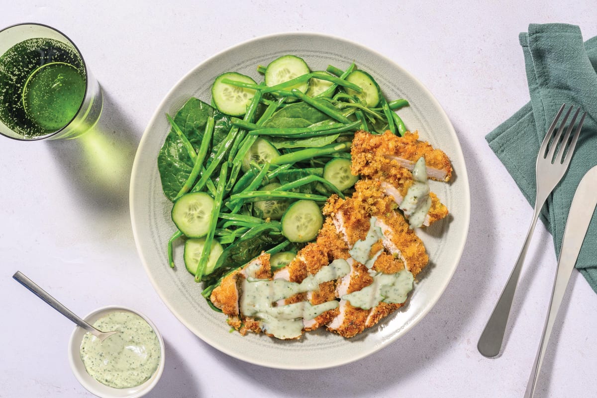 Cheesy Herby Pork Schnitzel & Pea Pod Salad