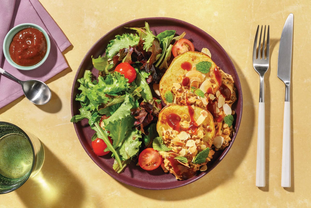 Chicken, Lentil Loaded Spuds & Tomato Salad