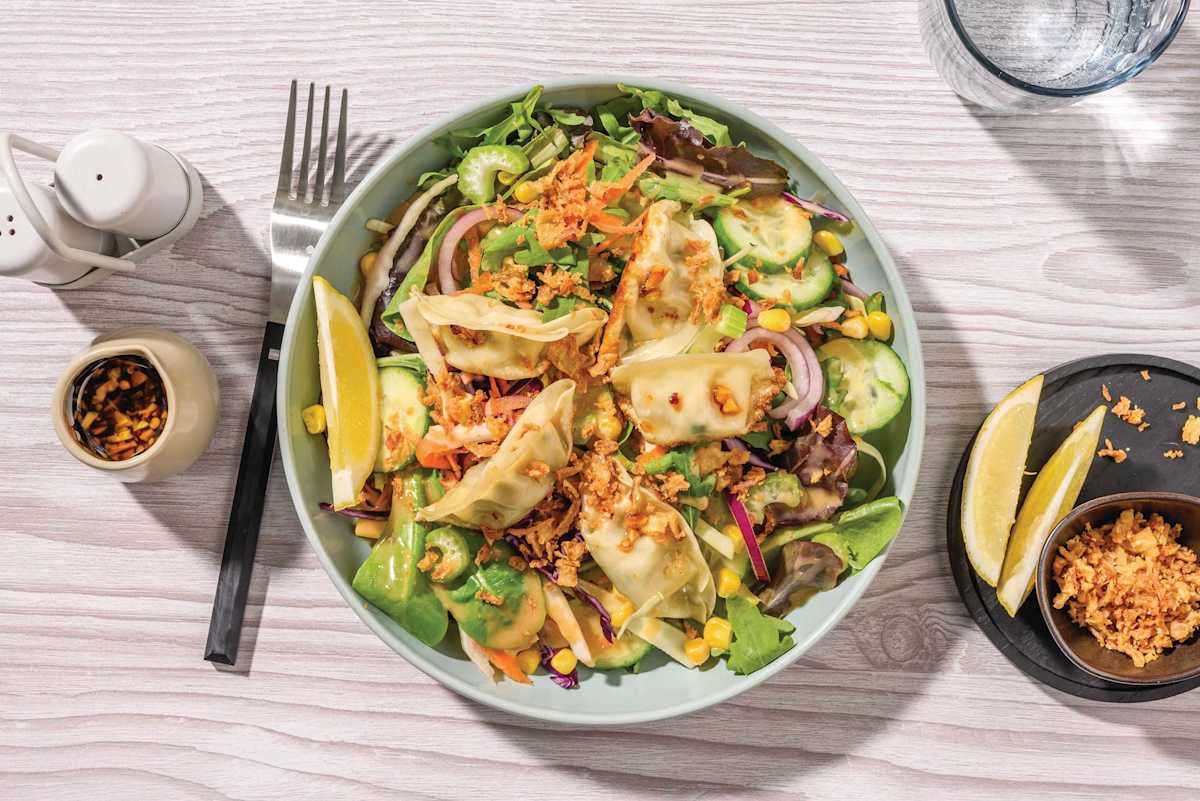 Chicken, Veggie Potstickers & Sesame-Miso Salad