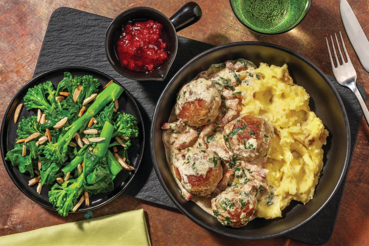 Swedish Pork Meatballs & Creamy Bacon Sauce