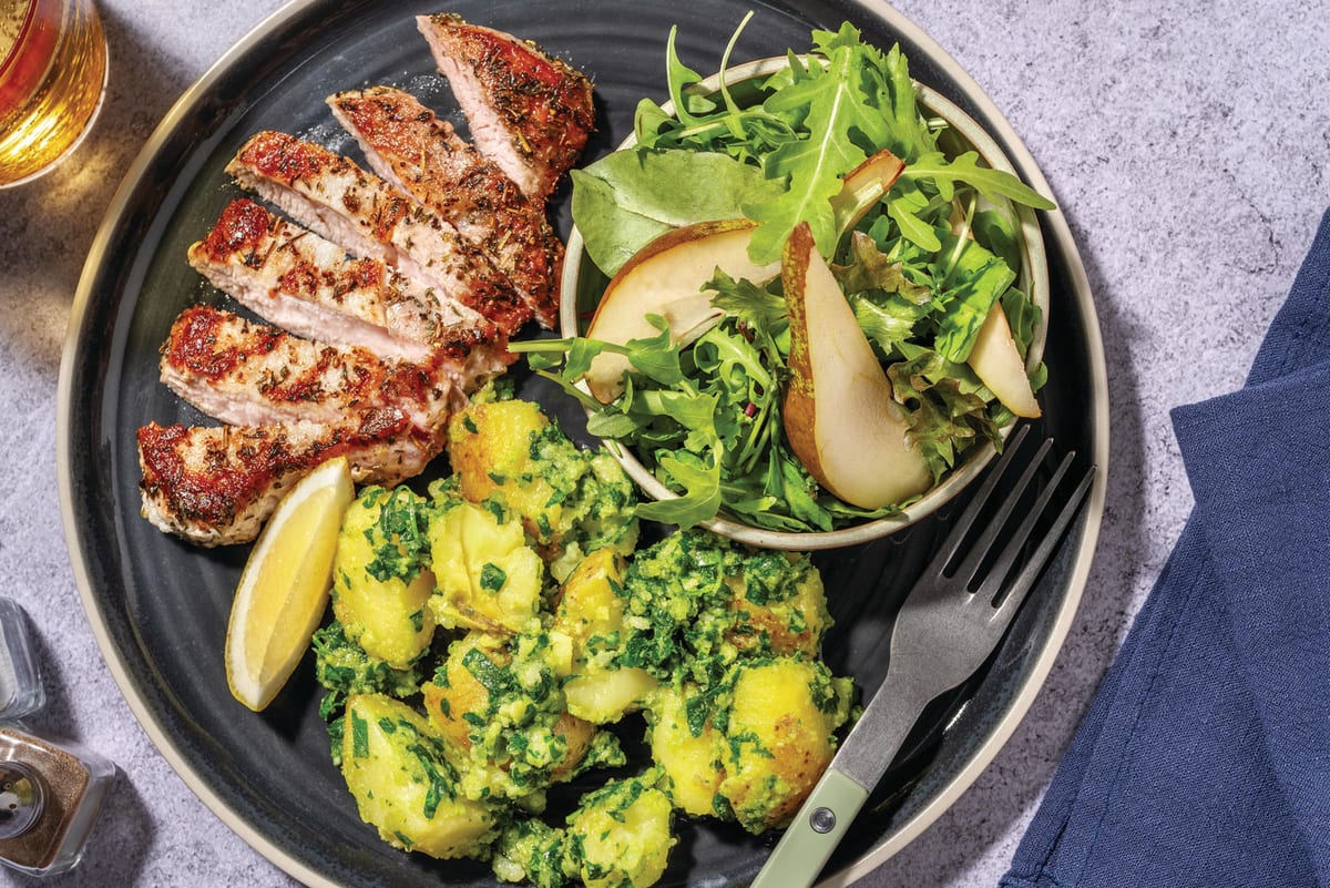 Garlicky Pork Steak & DIY Pesto Potatoes