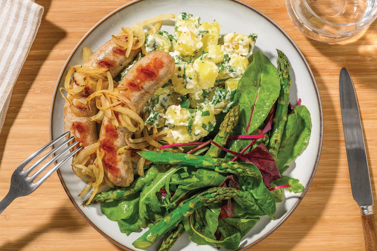 Cheesy Grilled Pork Sausages & Creamy Potatoes