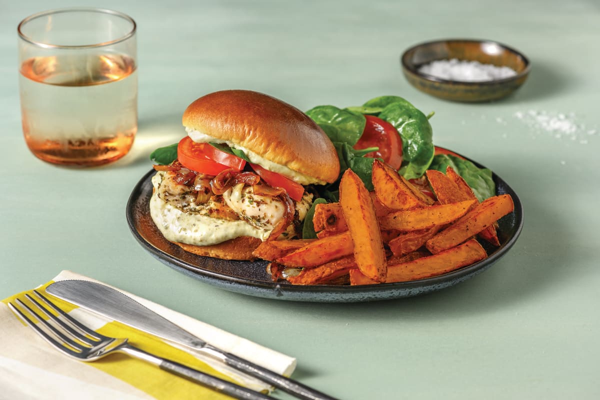 Herby Cheesy Chicken Burger & Sweet Potato Fries