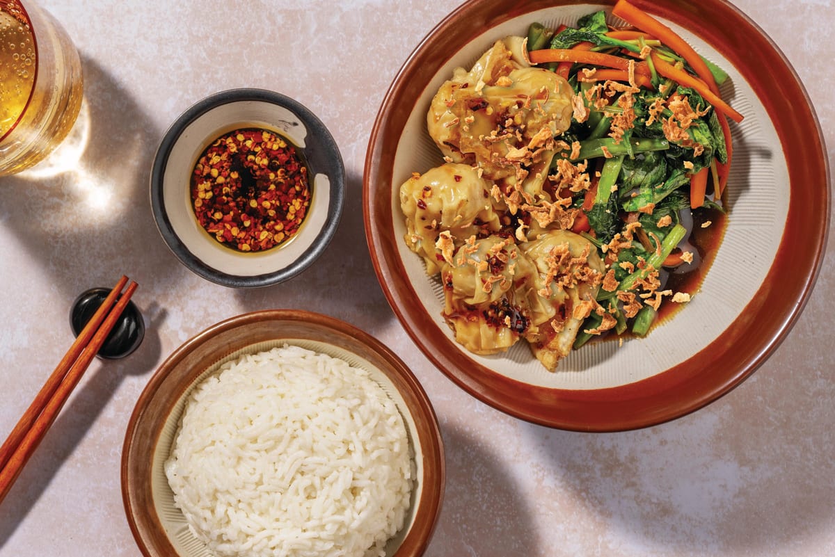 Prawn Wontons, Tofu & Soy Garlic Veggies