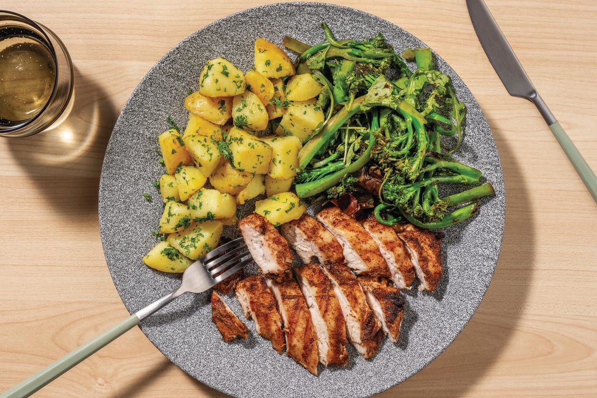 Flame-Grilled Chicken & Cheesy Charred Broccoli