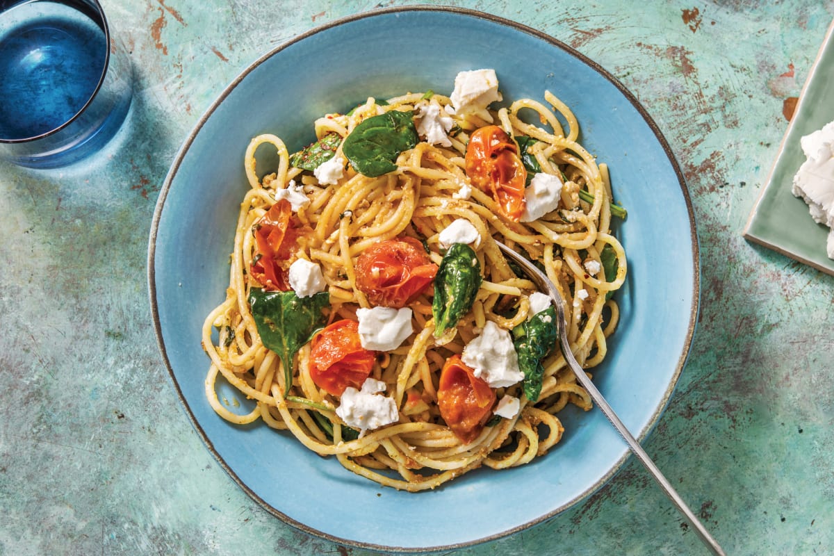 Goat Cheese, Bacon & Red Pesto Spaghetti