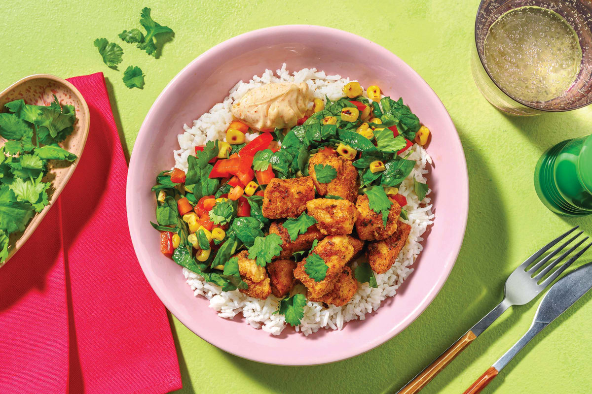 Mexican Popcorn Chicken & Garlic Rice