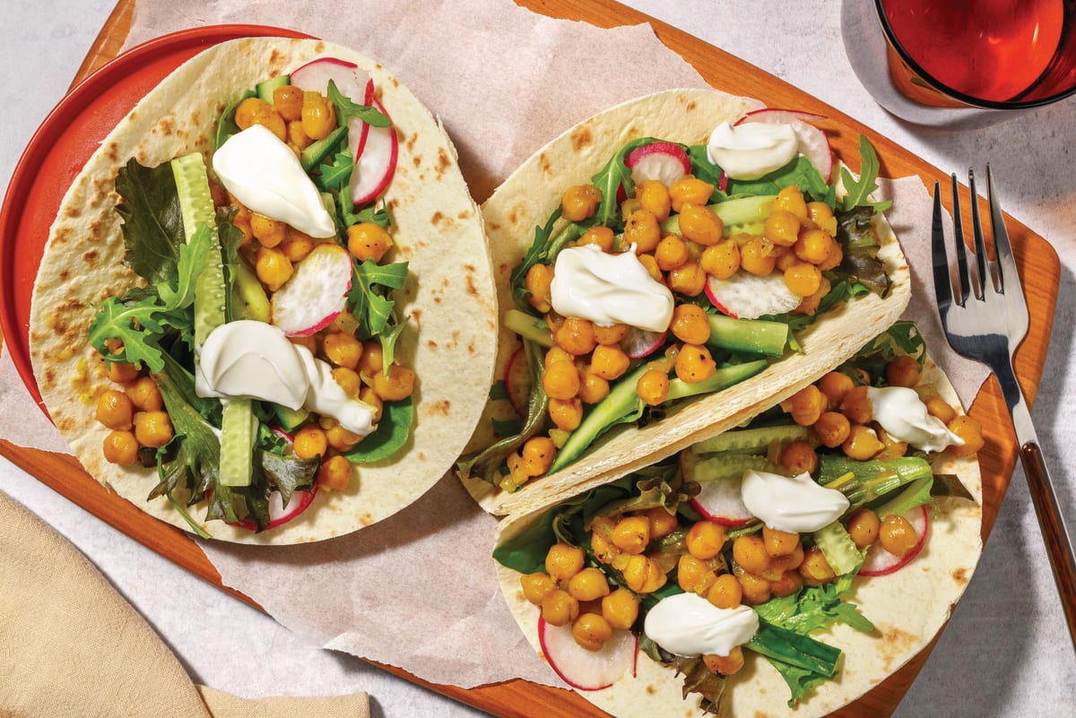 Sticky Indian-Style Chickpea & Halloumi Tacos