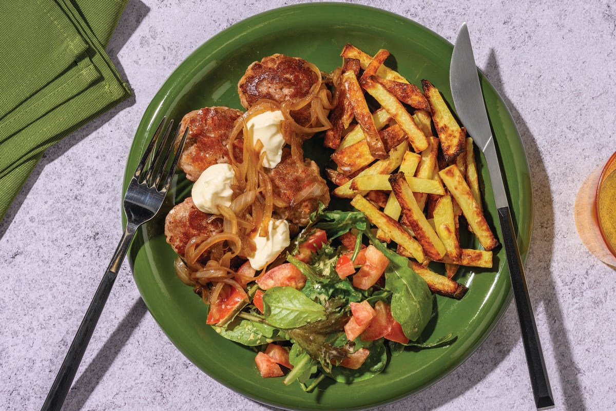 HelloHero: Extra Cheesy Beef Rissoles & Potato Fries