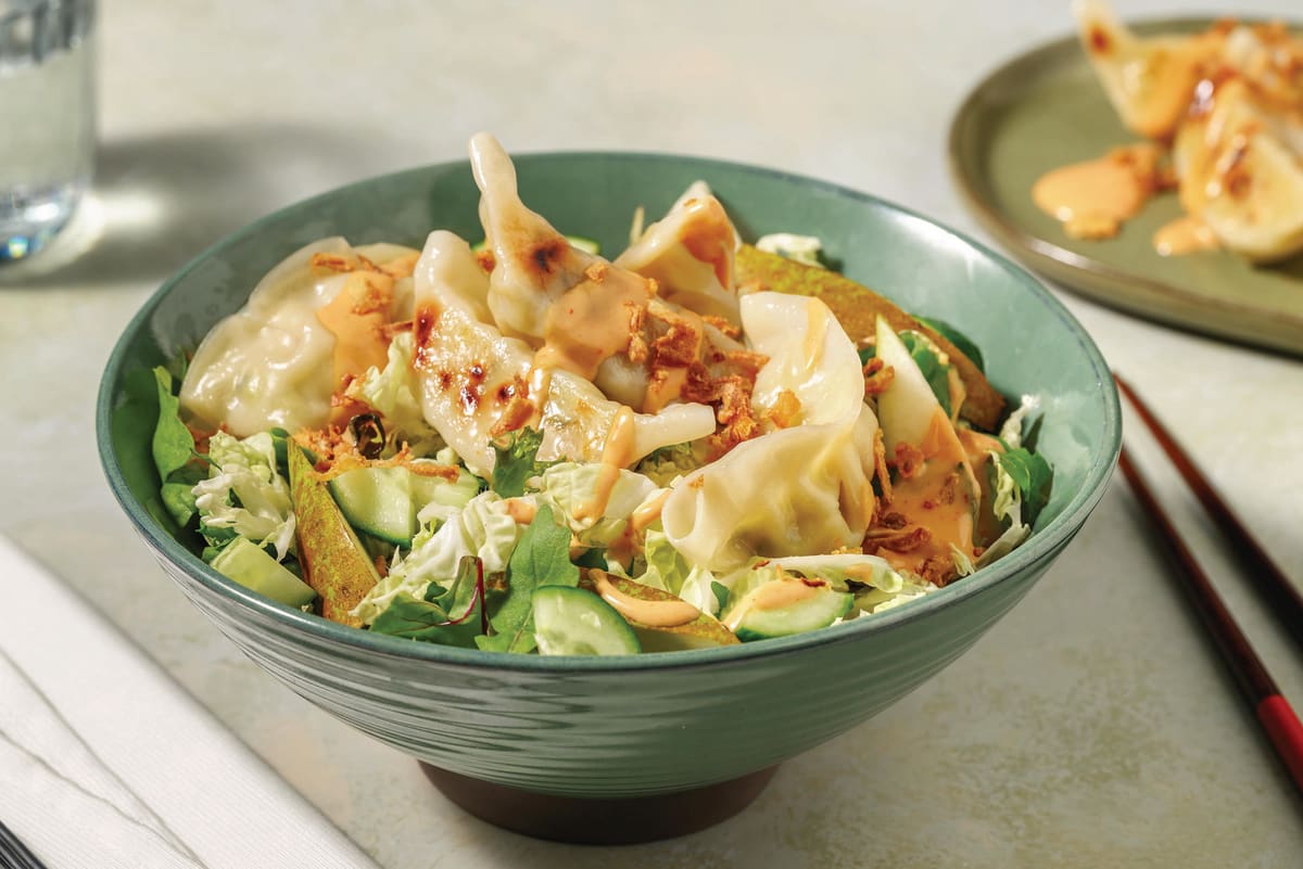 Veggie Potstickers, Chicken & Ginger Cabbage Salad