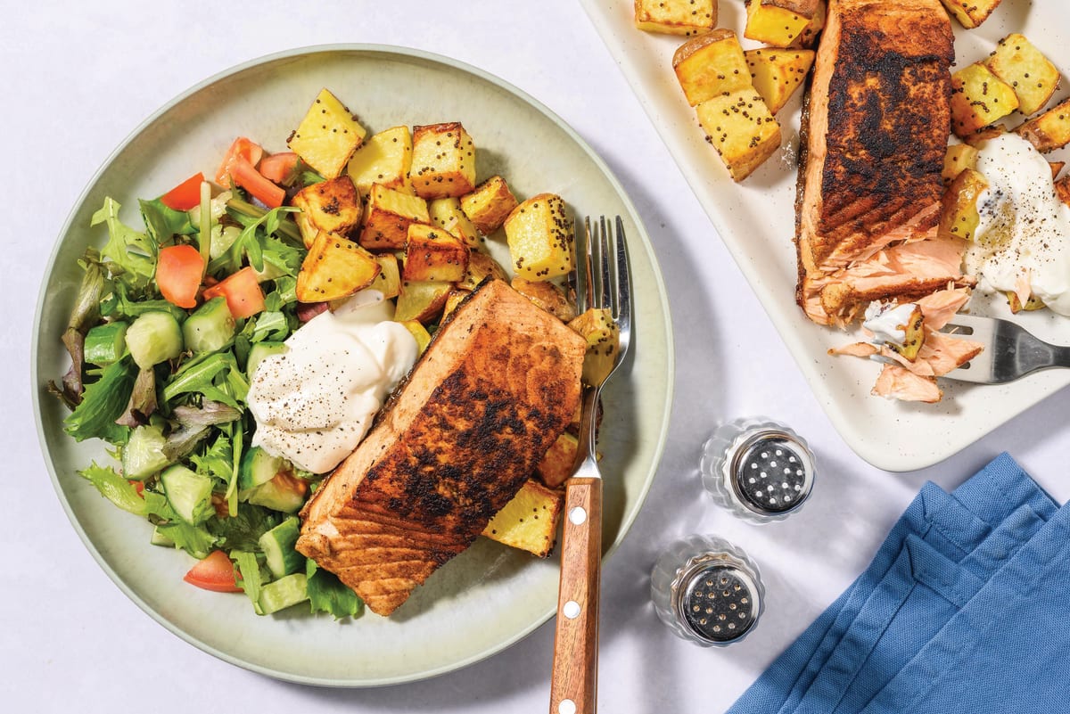 Indian-Spiced Salmon & Halloumi Bombay Potatoes