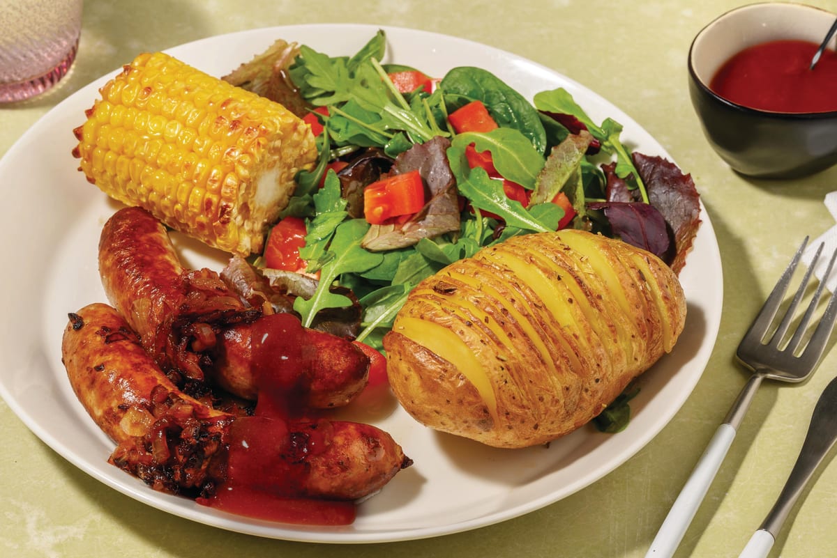 Pork Sausages & Herby Hasselback Potatoes