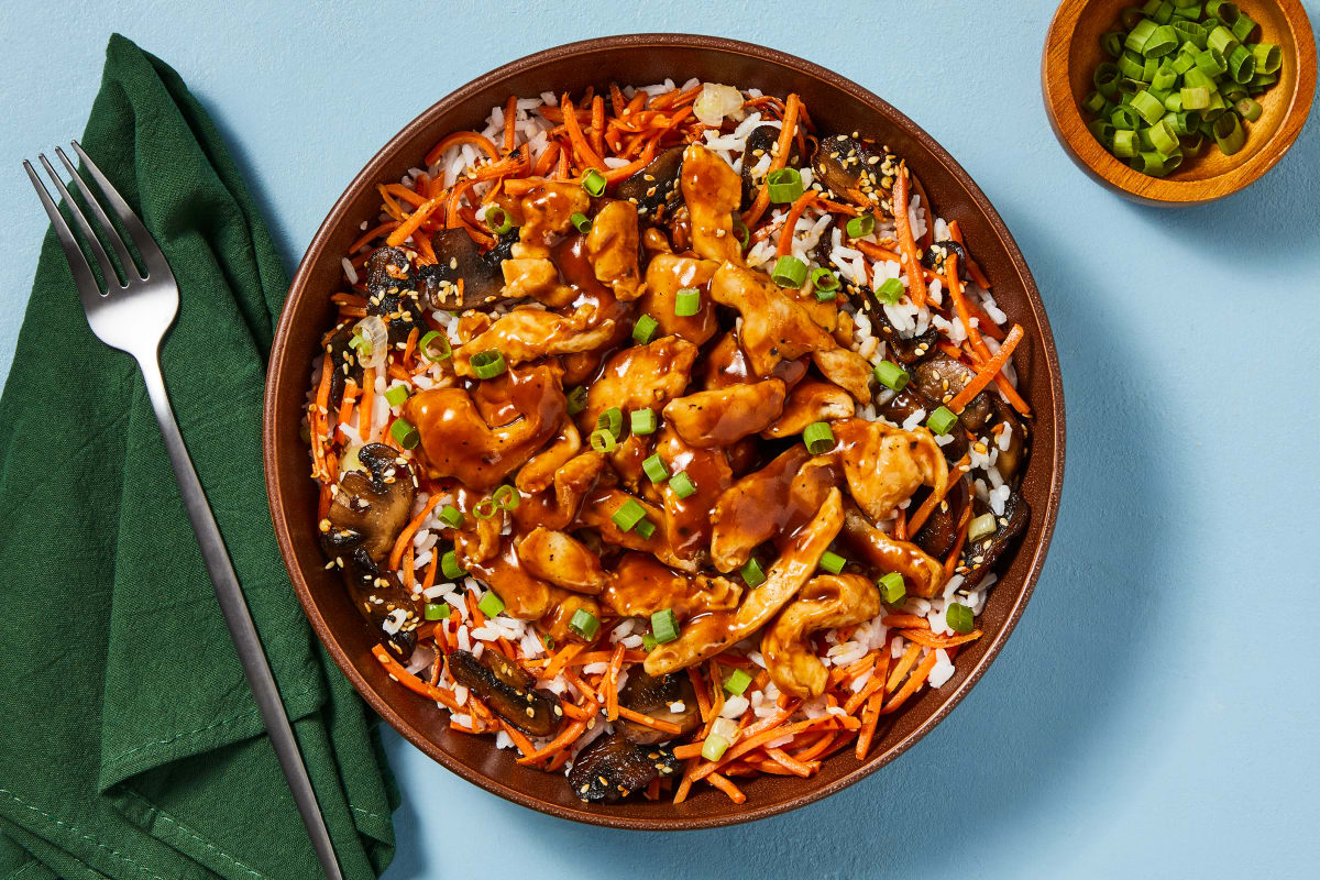 Sticky-Spicy Shrimp & Mushroom Bowls