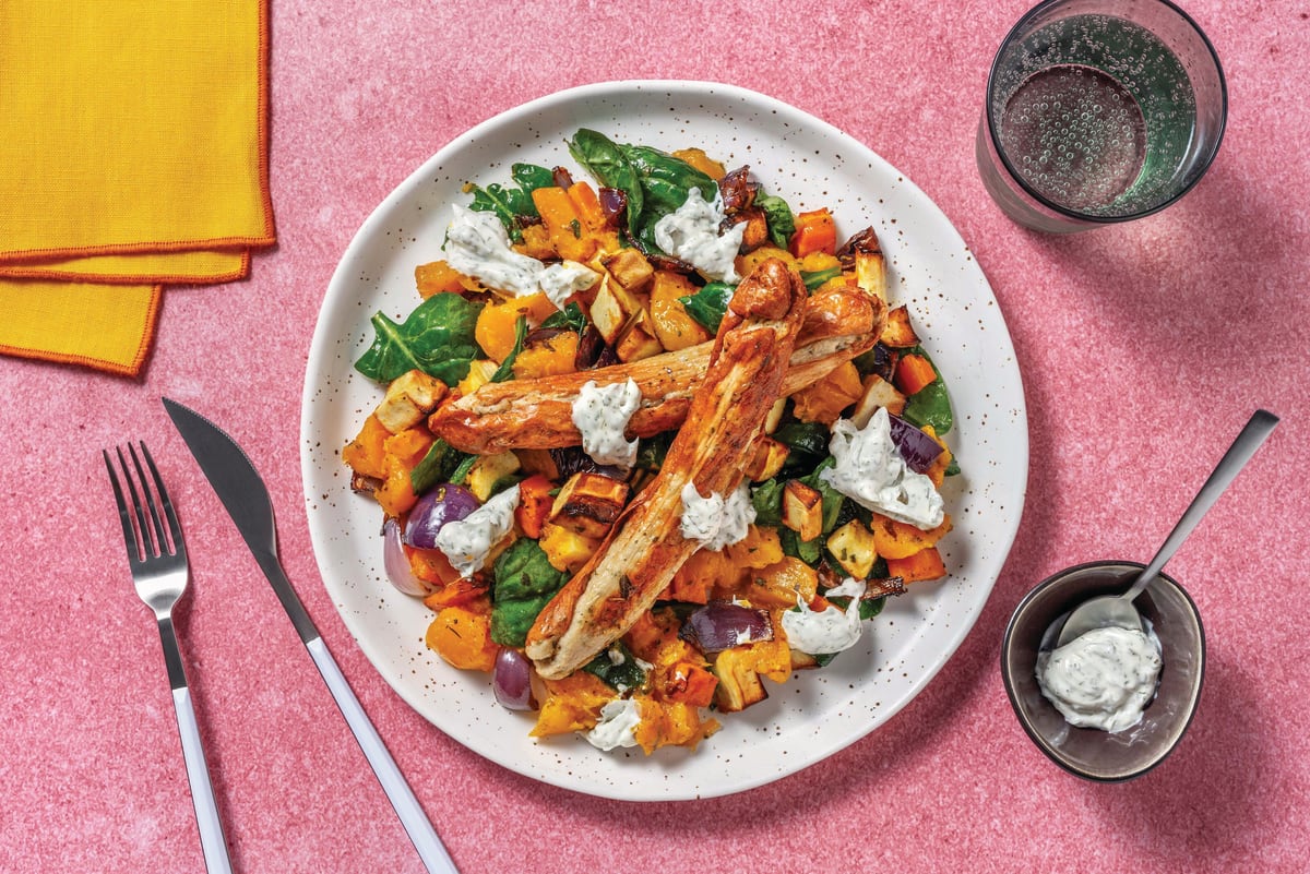 Easy Pork Sausages & Roast Veggie Toss