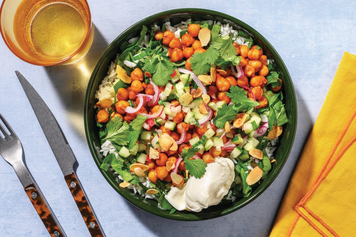 Cheesy Mexican Smashed Chickpeas & Garlic Rice
