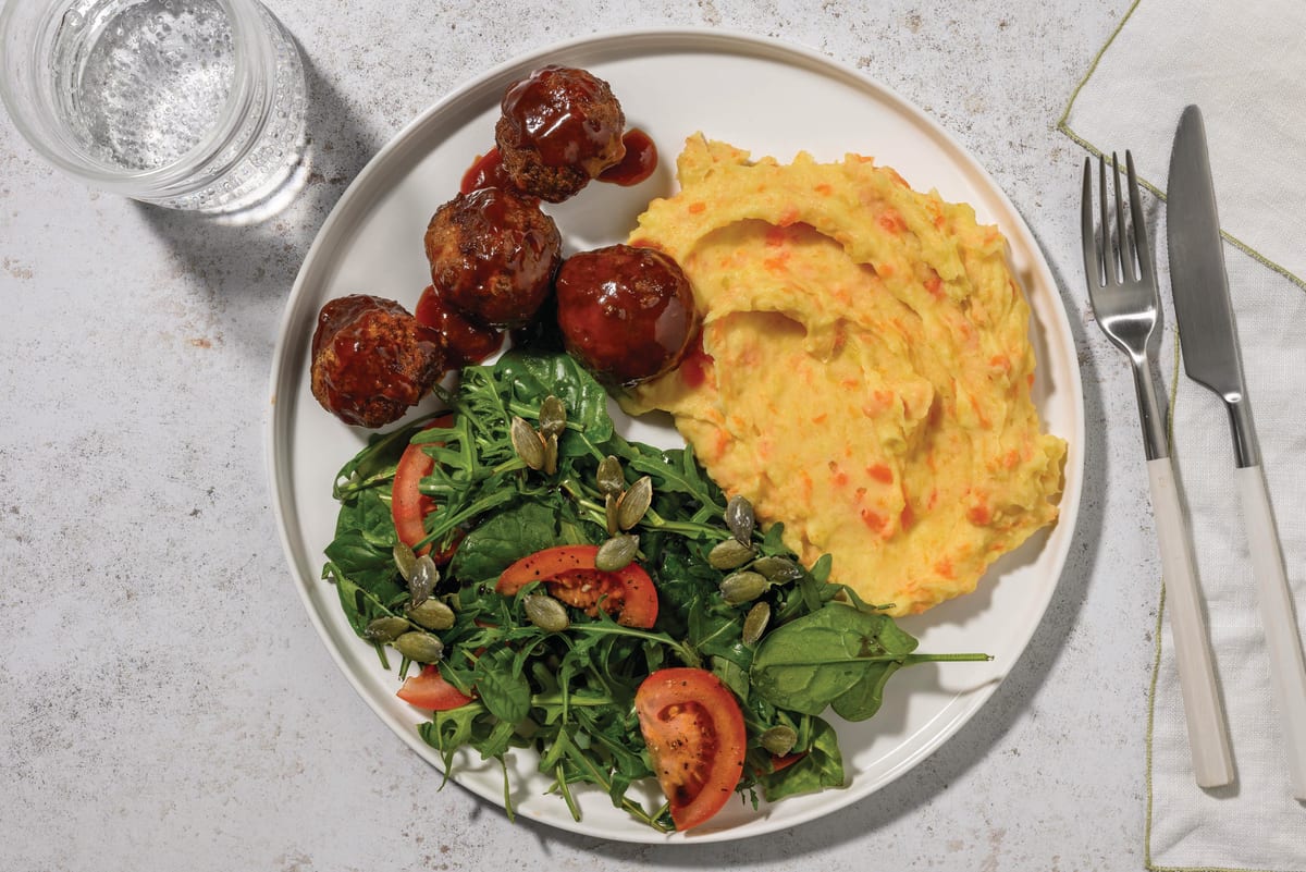 Sticky Lamb Meatballs & Root Veg Smash