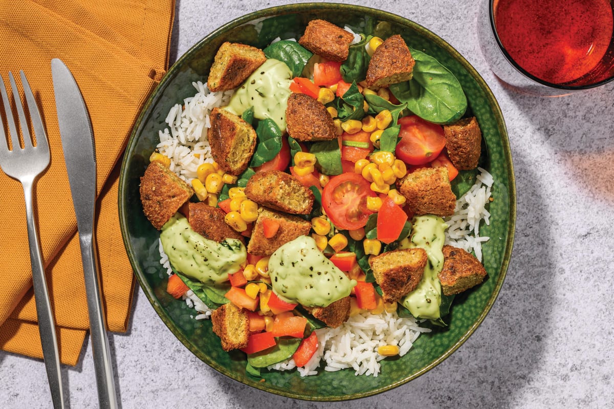 Falafel, Fetta & Spinach-Tomato Salsa Toss