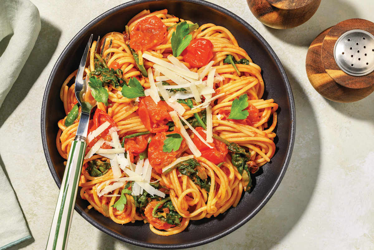 Saucy Spaghetti Puttanesca & Goat Cheese