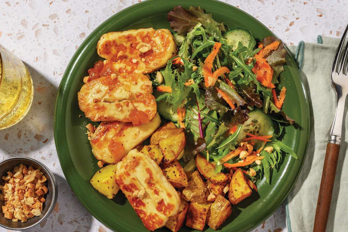 Sticky Halloumi, Chicken & Spiced Potatoes
