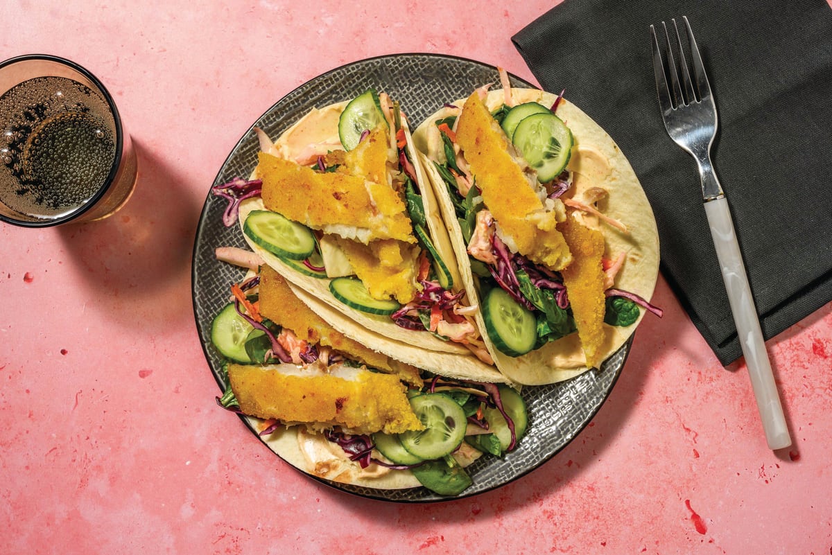 Cheesy Crumbed Fish & BBQ Mayo Tacos