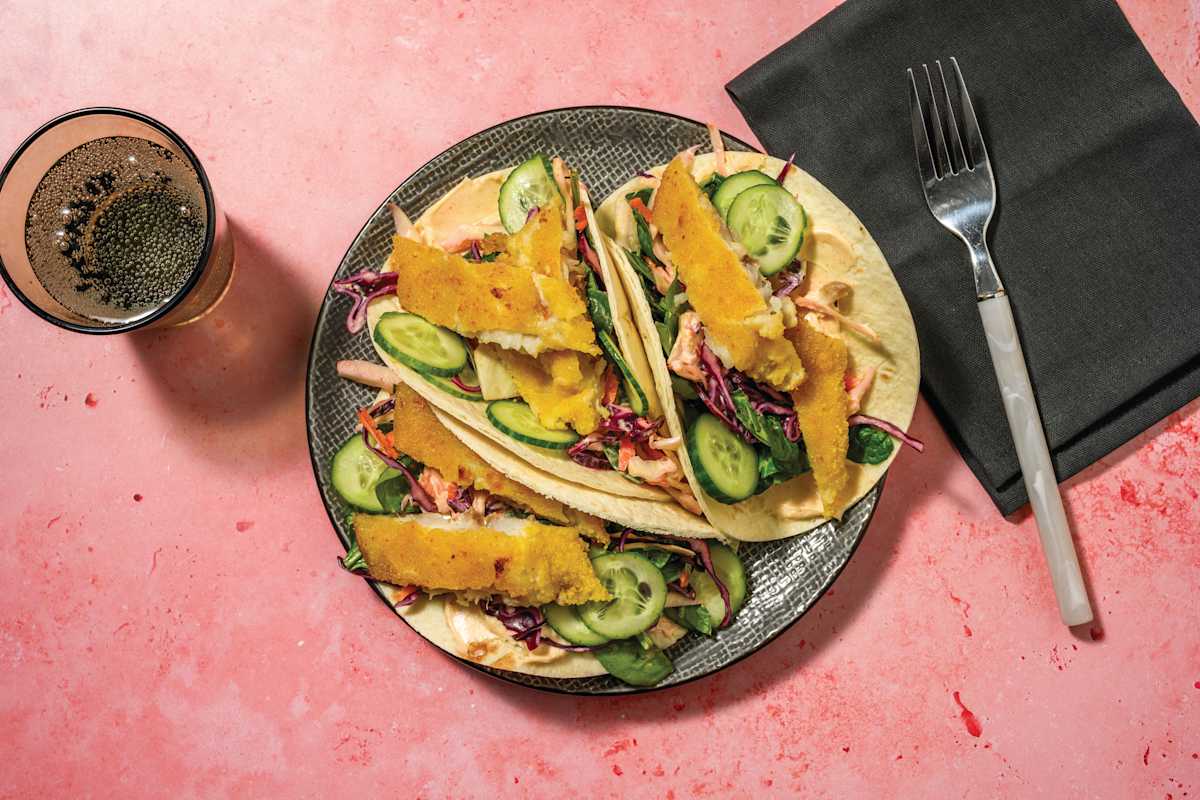 Cheesy Crumbed Fish & BBQ Mayo Tacos