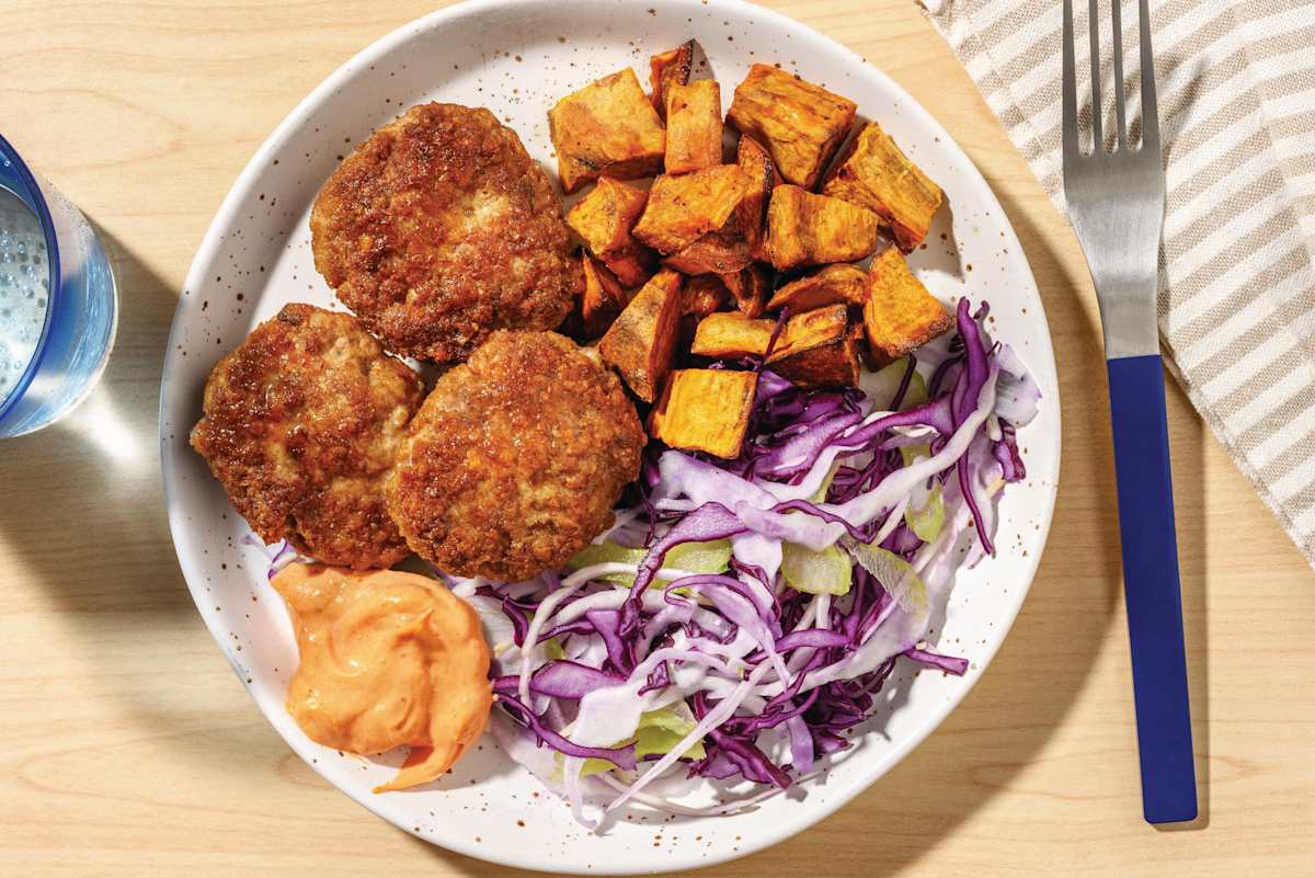 Pork Rissoles & Cheesy Roast Kūmara Chunks