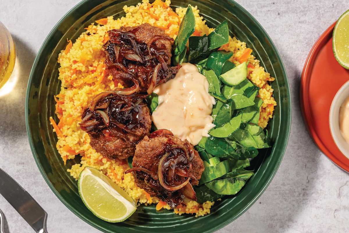 Jerk Spiced Beef-Pork Rissoles & Onion Glaze