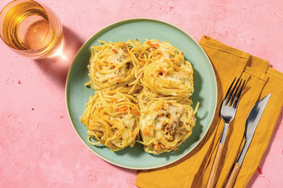 Creamy Plant-based Mince & Veggie Spaghetti Nest