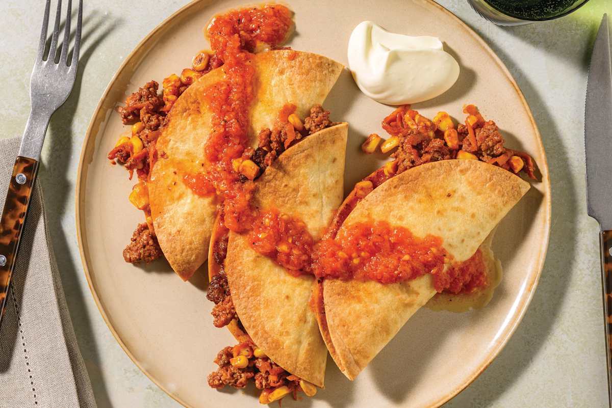 Extra Cheesy Baked Beef & Corn Quesadillas