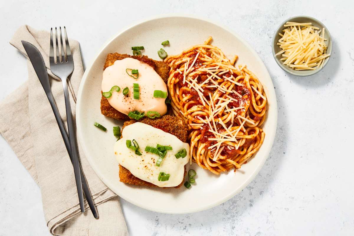 Crispy Tofu Parm With Spaghetti Marinara
