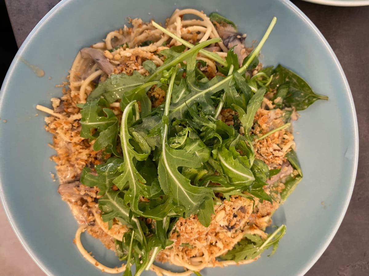 Plant-based mushroom and tahini  pasta