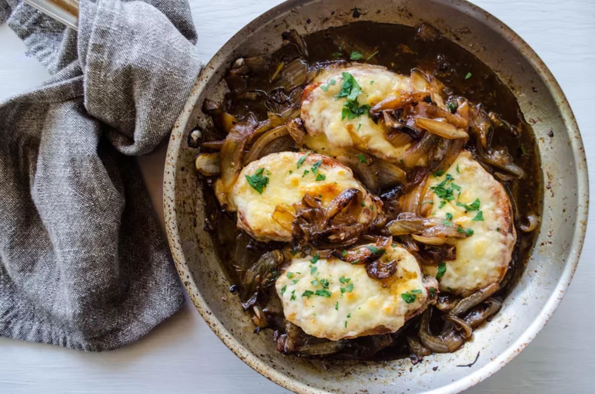 Cheesy French Onion Topped Pork Tenderloin