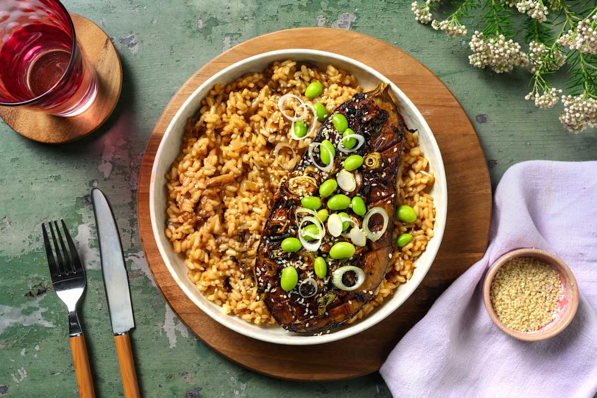 Aziatisch geïnspireerde risotto met miso-aubergine