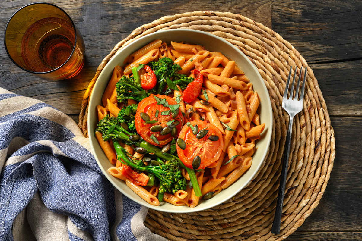 Penne met geroosterde broccolini en tomaat