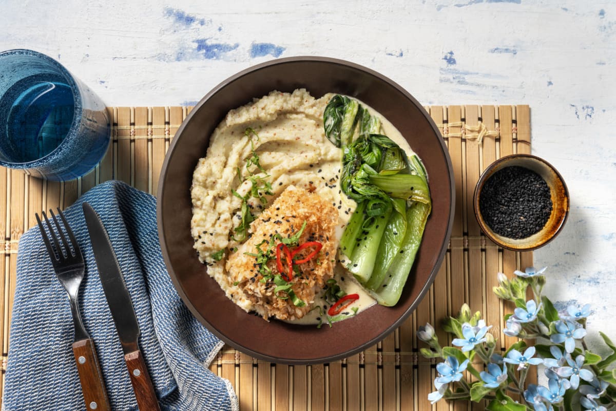 Kabeljauwfilet met kokoscrunch en knolselderijpuree
