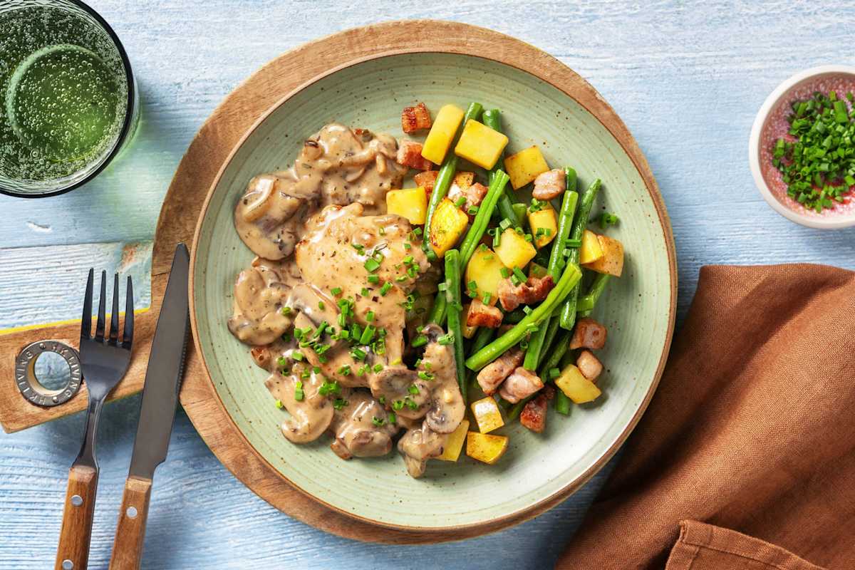 Kippendijfilet met sperziebonen en spekjes
